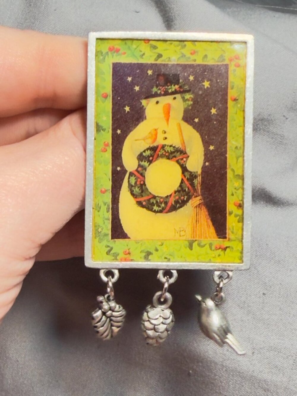 Marjolein Bastin Snowman Brooch Vintage Dangling Charms Winter Scene